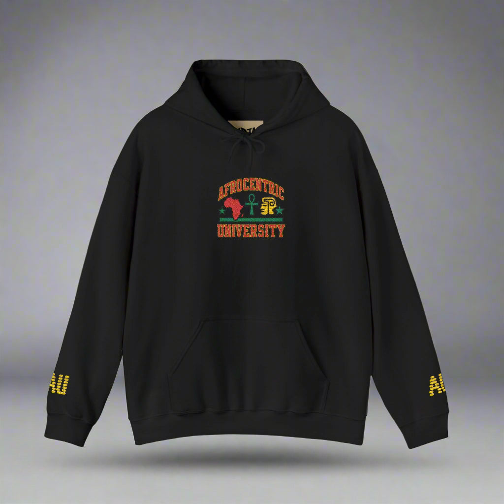 Black grapic hoodie with words Afrocentric University with letters AU on the left and right sleeve.