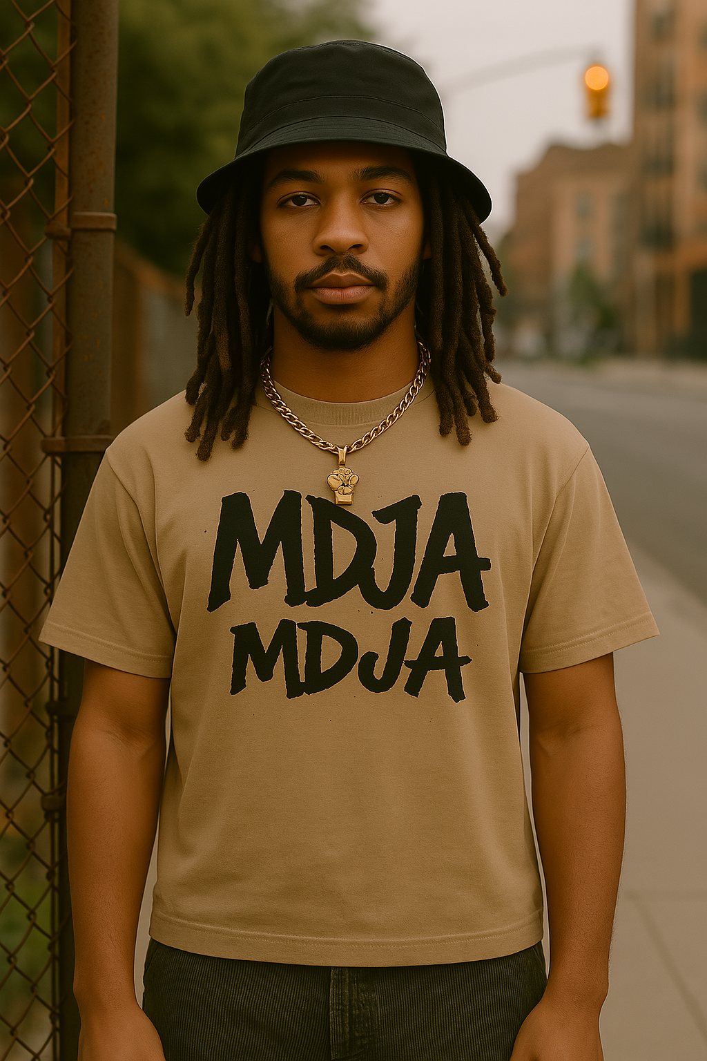 Man wearing a beige t-shirt with 'MDJA' text, standing on a street.