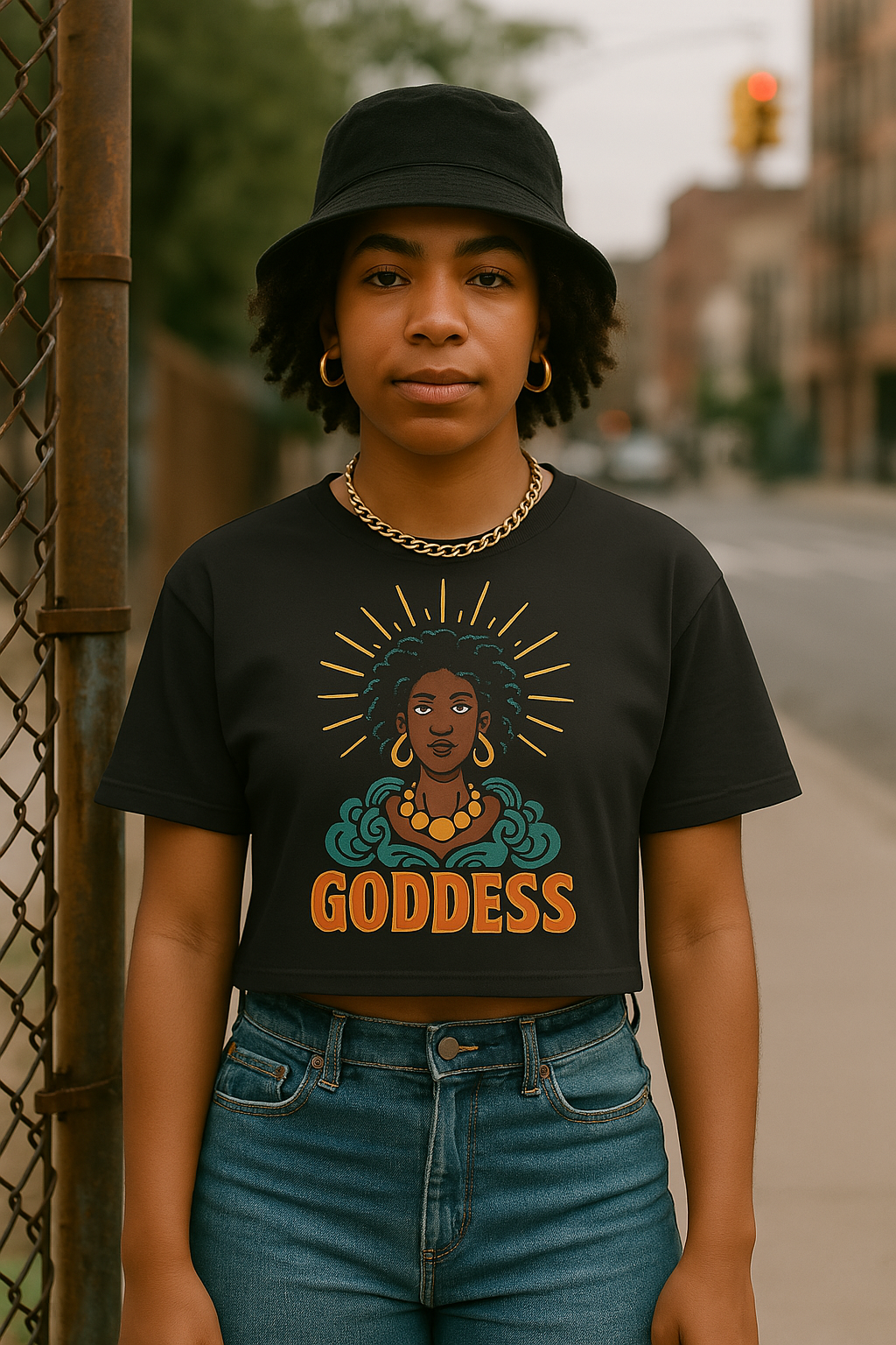 A girl wearing a crop top with "GODDESS" text written on the shirt with a graphic image of a brown female in a halo with teal swivels around.