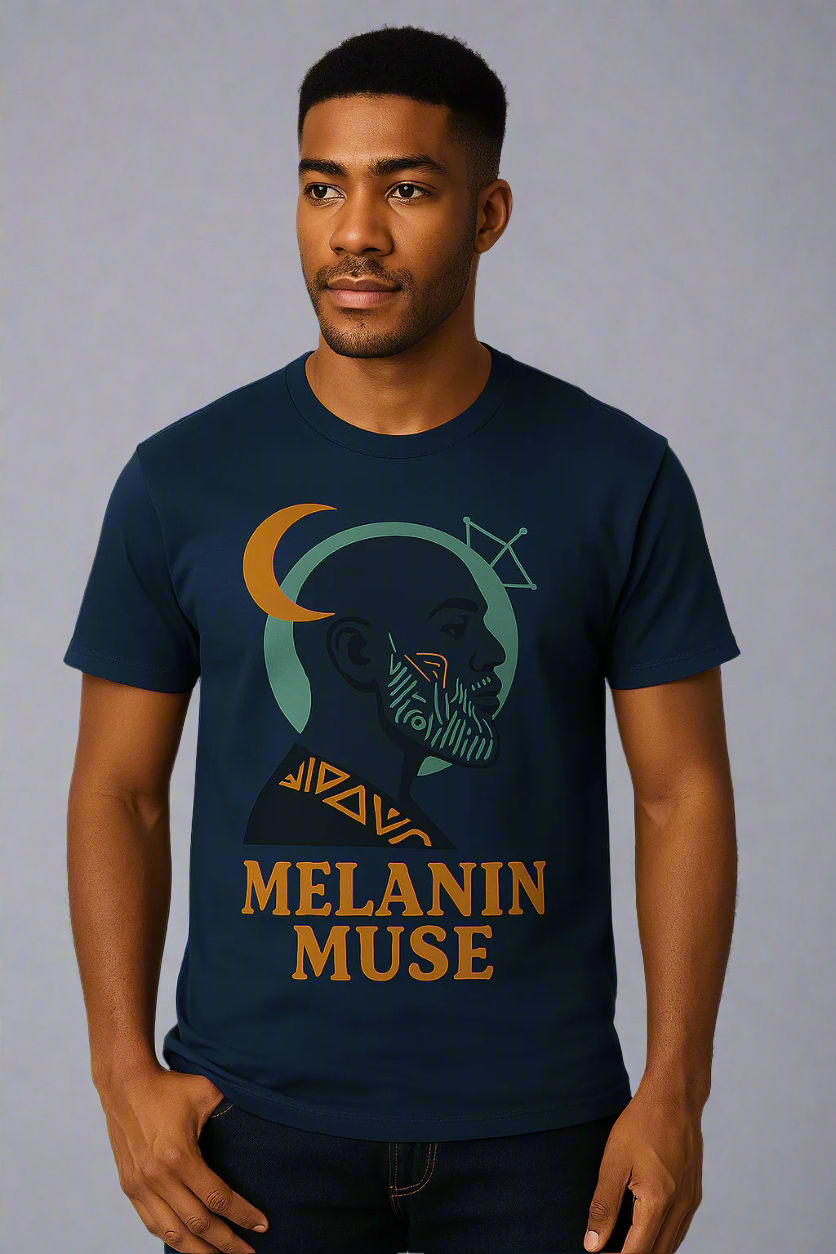 Man wearing a navy blue t-shirt with 'Melanin Muse' design on a plain background
