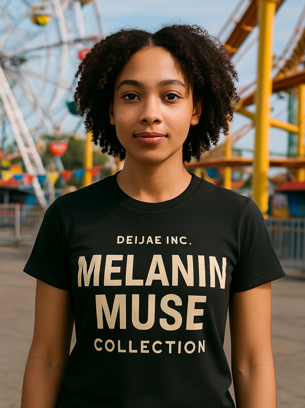 Person wearing a black t-shirt with 'DEIJAE INC. MELANIN MUSE COLLECTION' text, standing in front of an amusement park.
