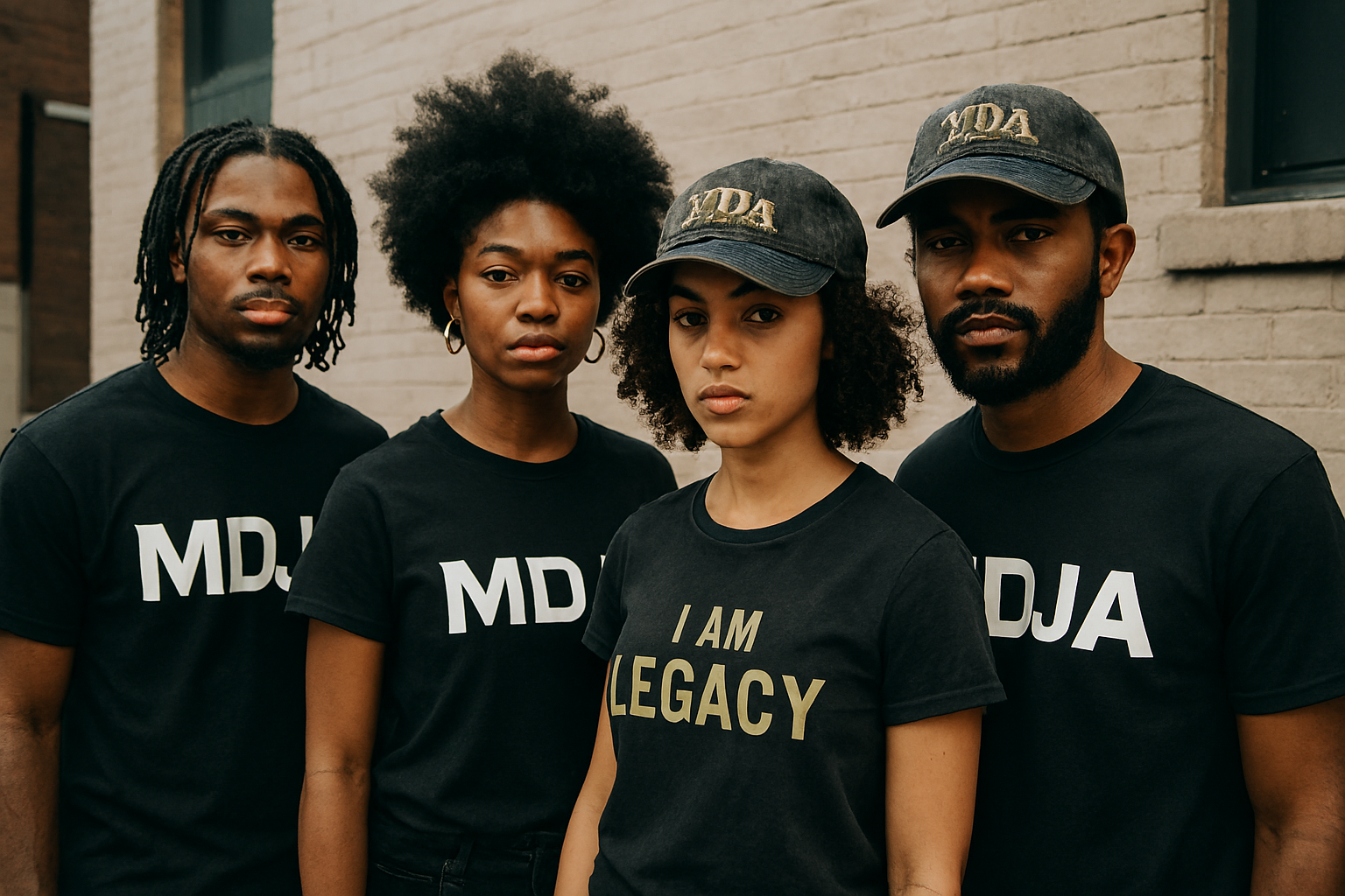 Four people wearing black t-shirts with text, standing against a brick wall.