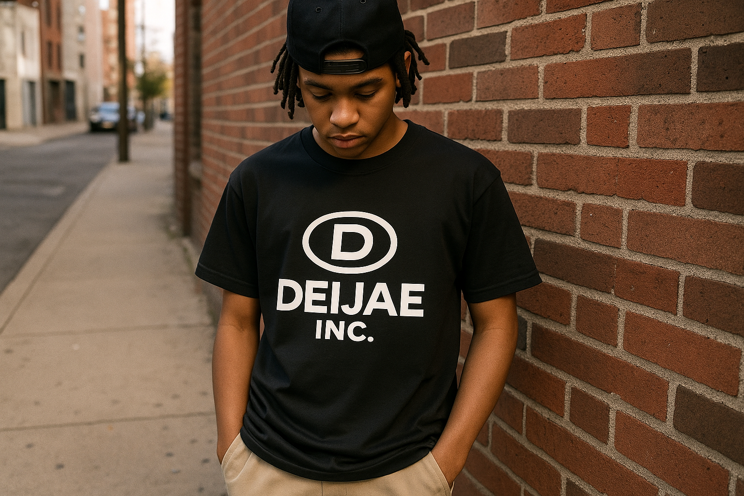 Person wearing a black t-shirt with 'DEIJAE INC.' text and logo against a brick wall.